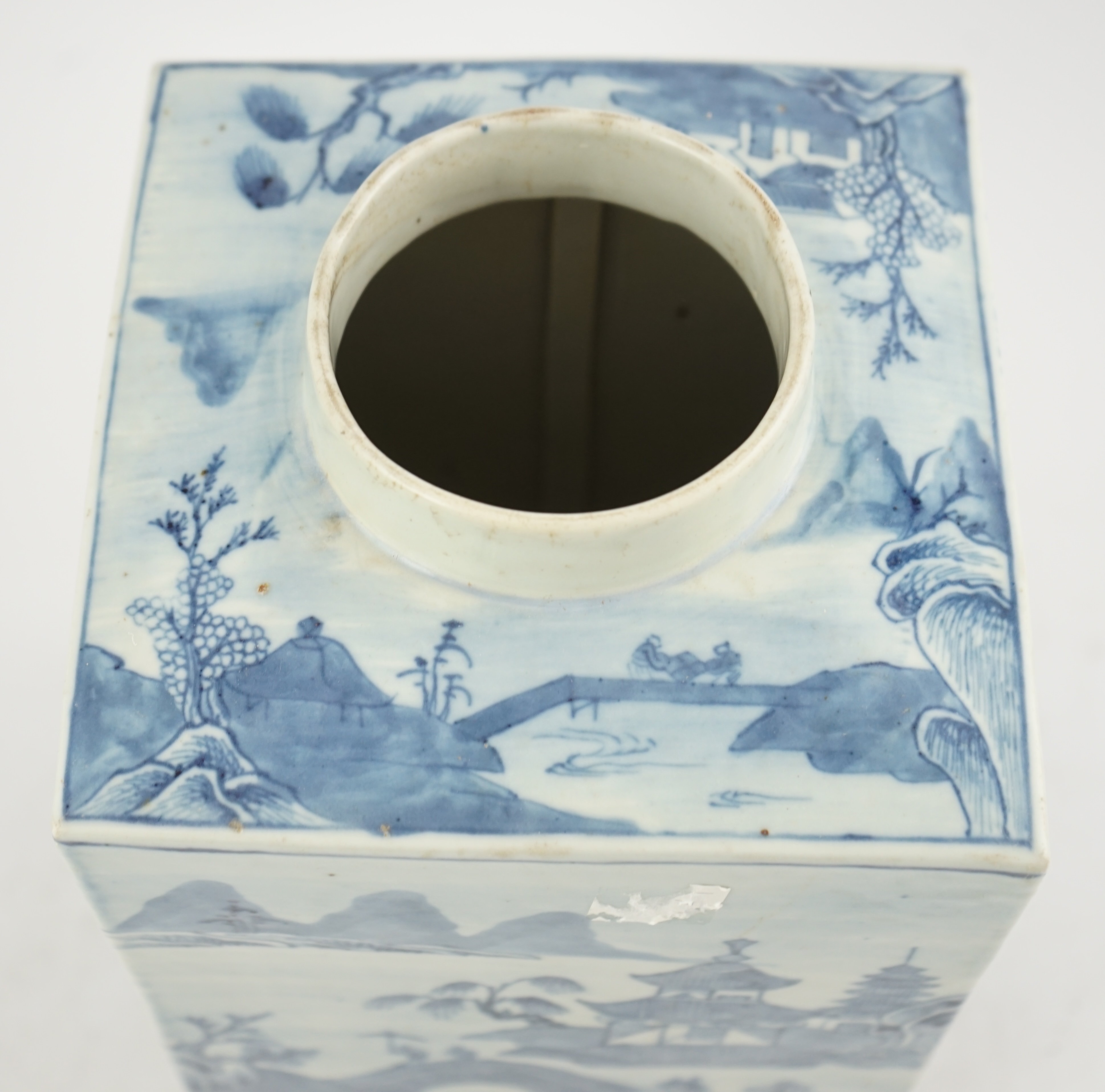 A Chinese blue and white square section tea jar, Qianlong period, metal cover, 36cm high., Condition - good, cover split